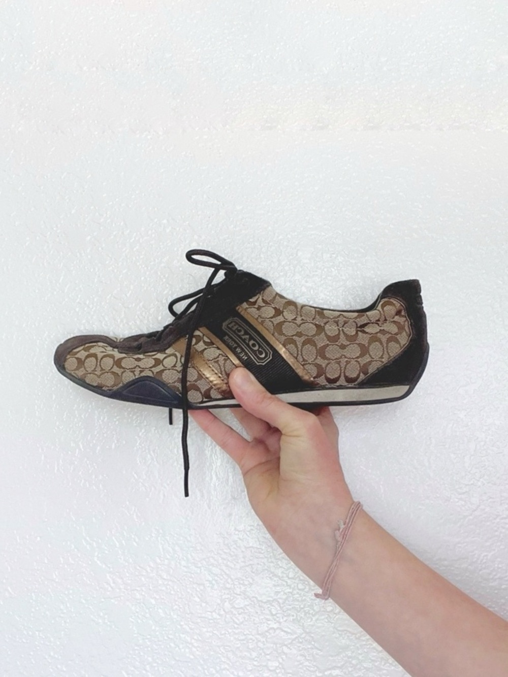 Coach Signature Logo Lace-Up Sneakers Shoes Remonna Print Gold Bronze Brown 9.5